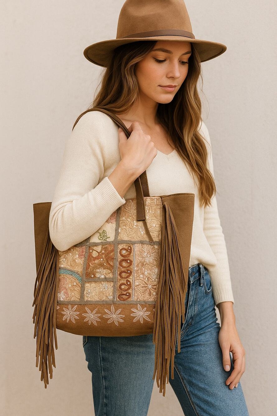 Shyanne NWT Suede Leather Fringe Patchwork Boho Western Tote Bag